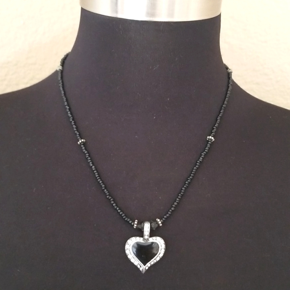 Silver Black Rhinestone Heart Bead Necklace